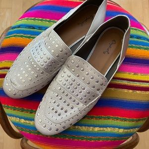 qupid | silver satin studded flats